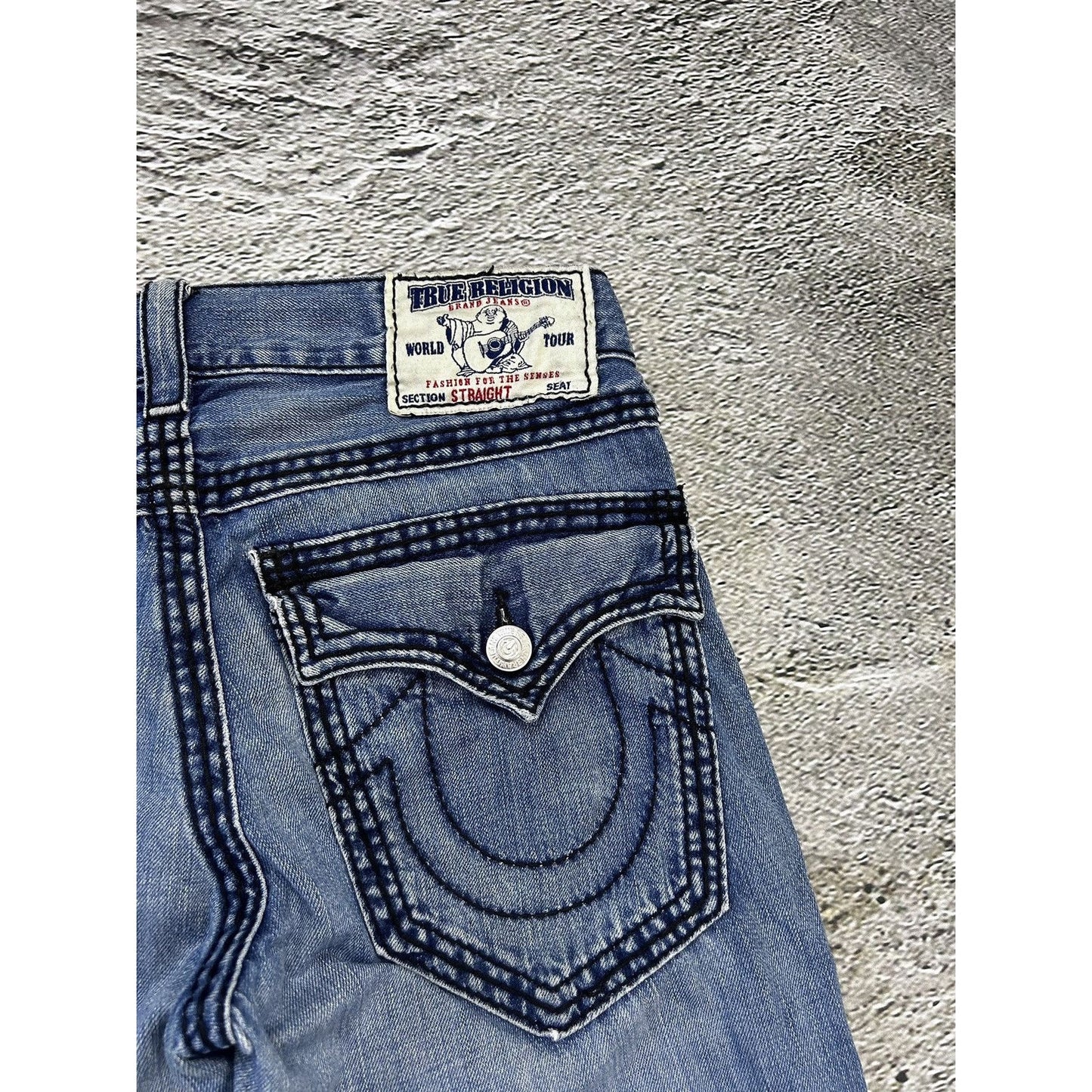 True Religion baby blue jeans black stitching Y2K