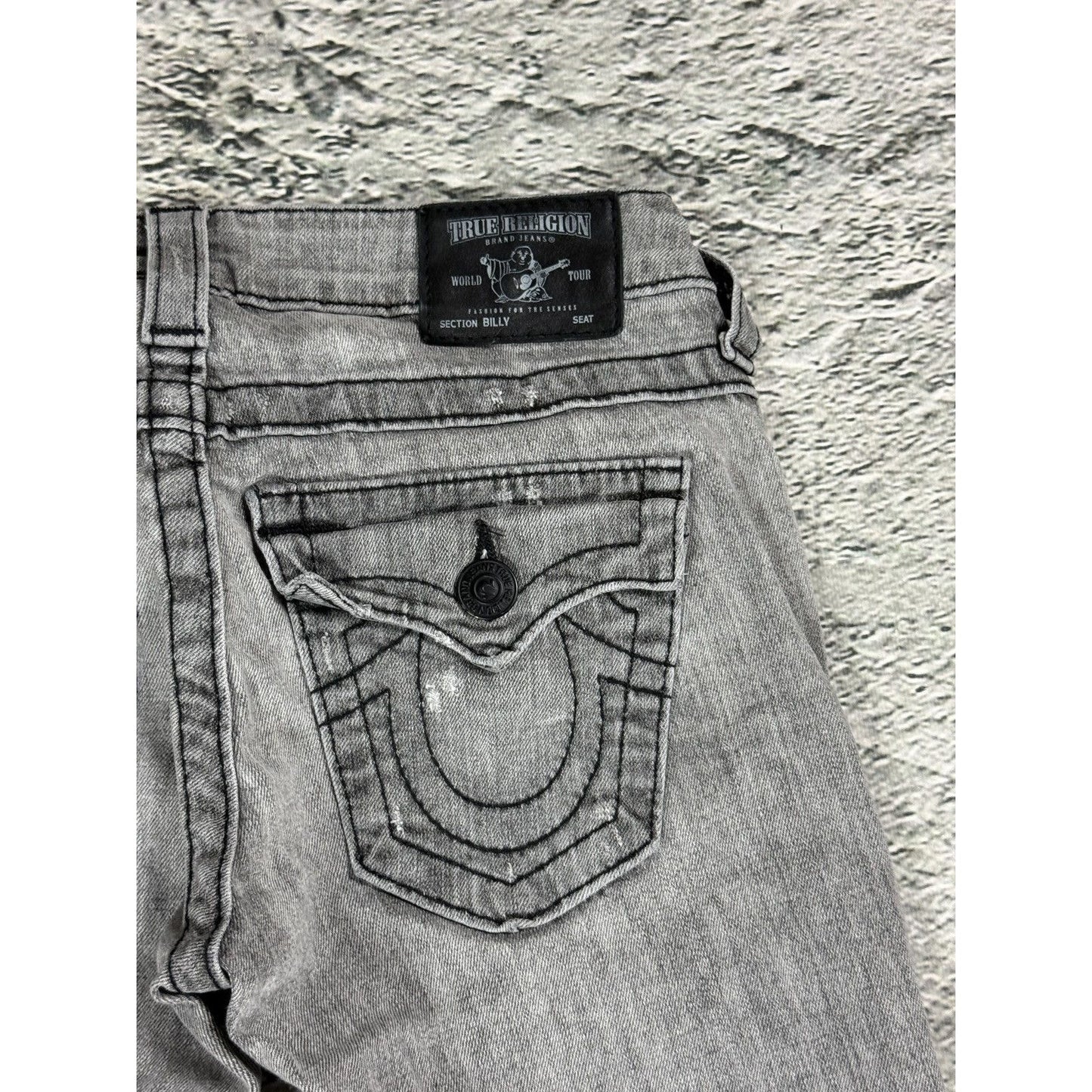 True Religion jeans grey black thick stitching flared Billy