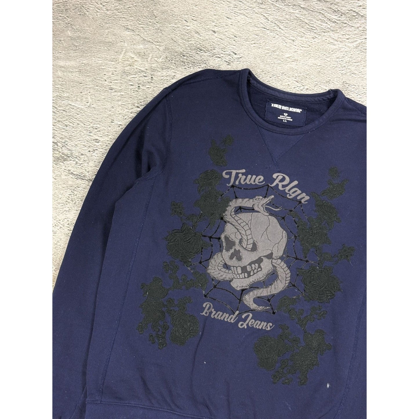 True Religion navy sweatshirt skull spiderweb