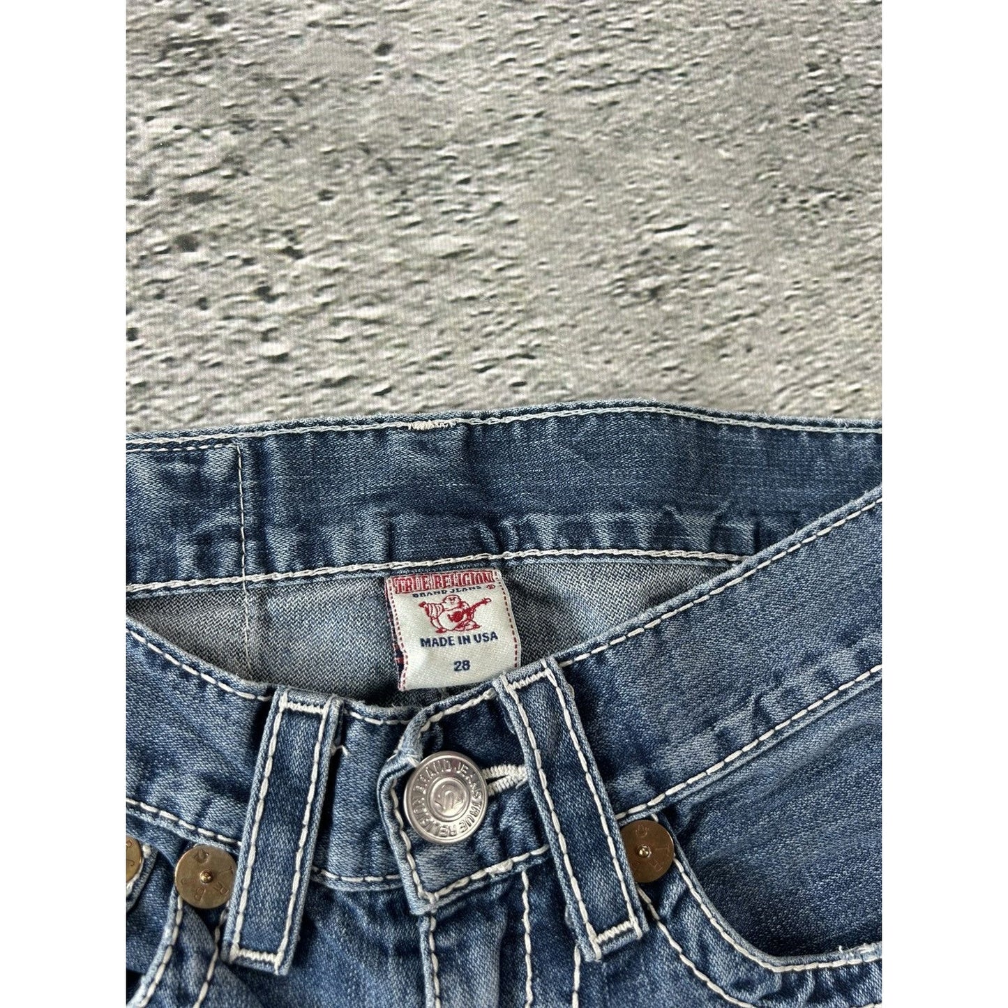 True Religion blue jeans white thick stitching Billy Super T