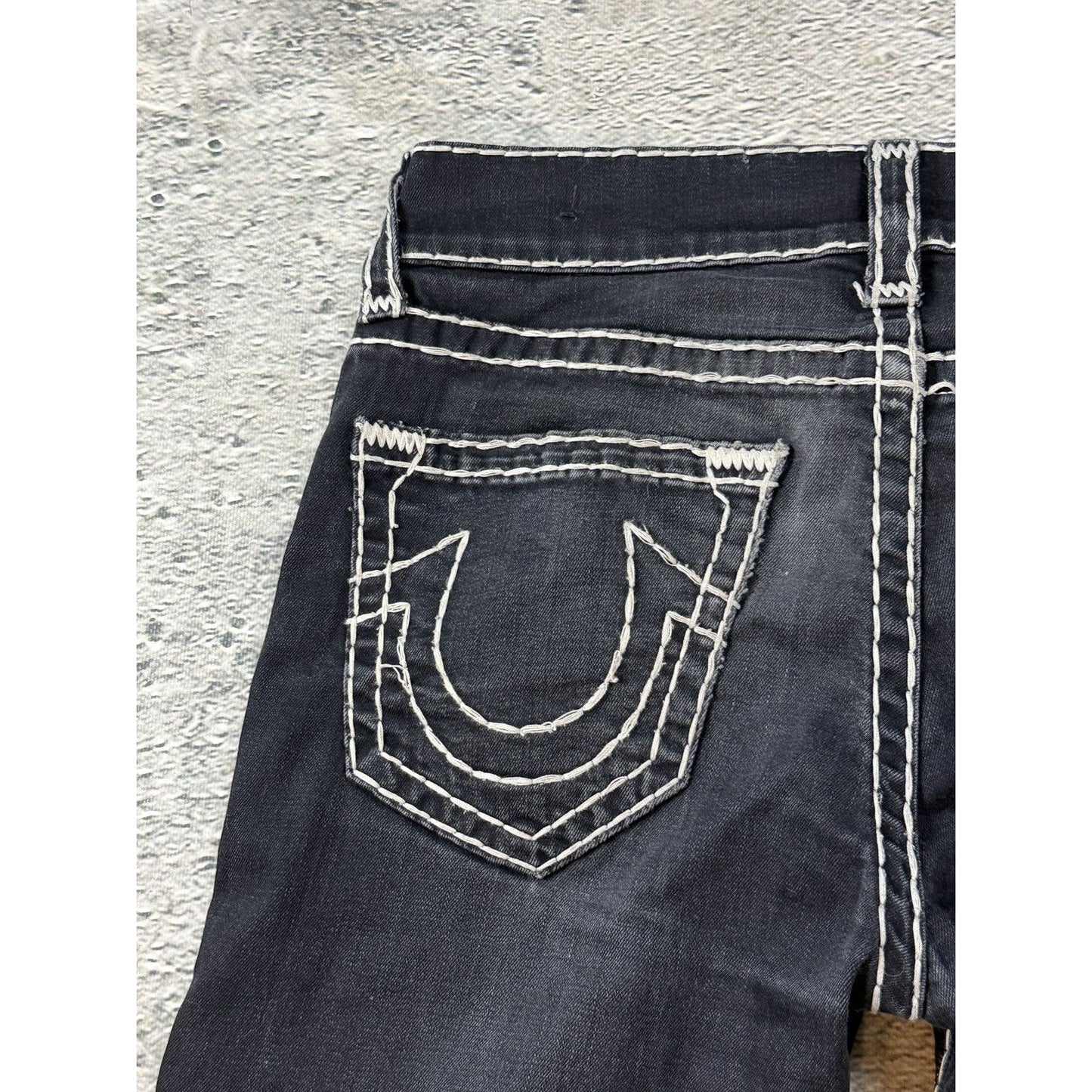 True Religion black jeans Rocco white thick stitching Y2K slim