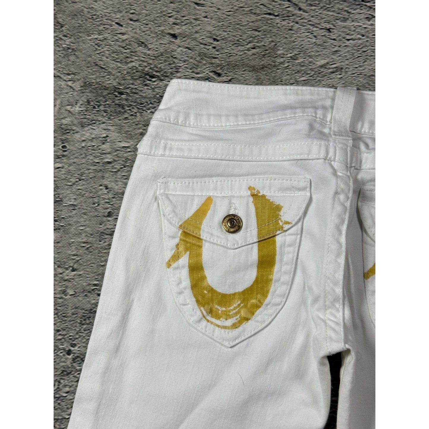 True Religion white jeans flared bootcut stitching Joey gold