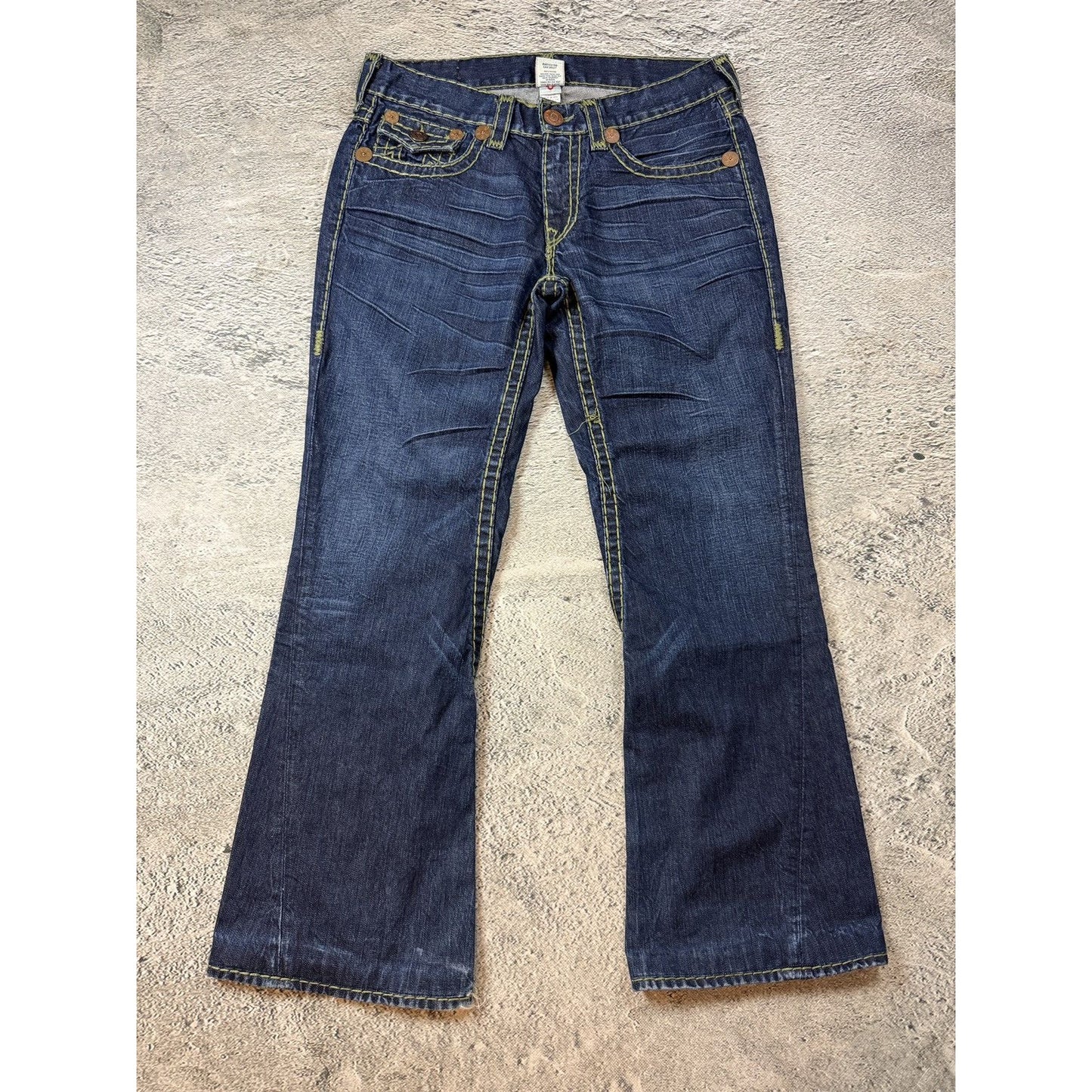 True Religion blue jeans flared bootcut green stitching Joey