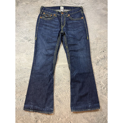 True Religion blue jeans flared bootcut green stitching Joey