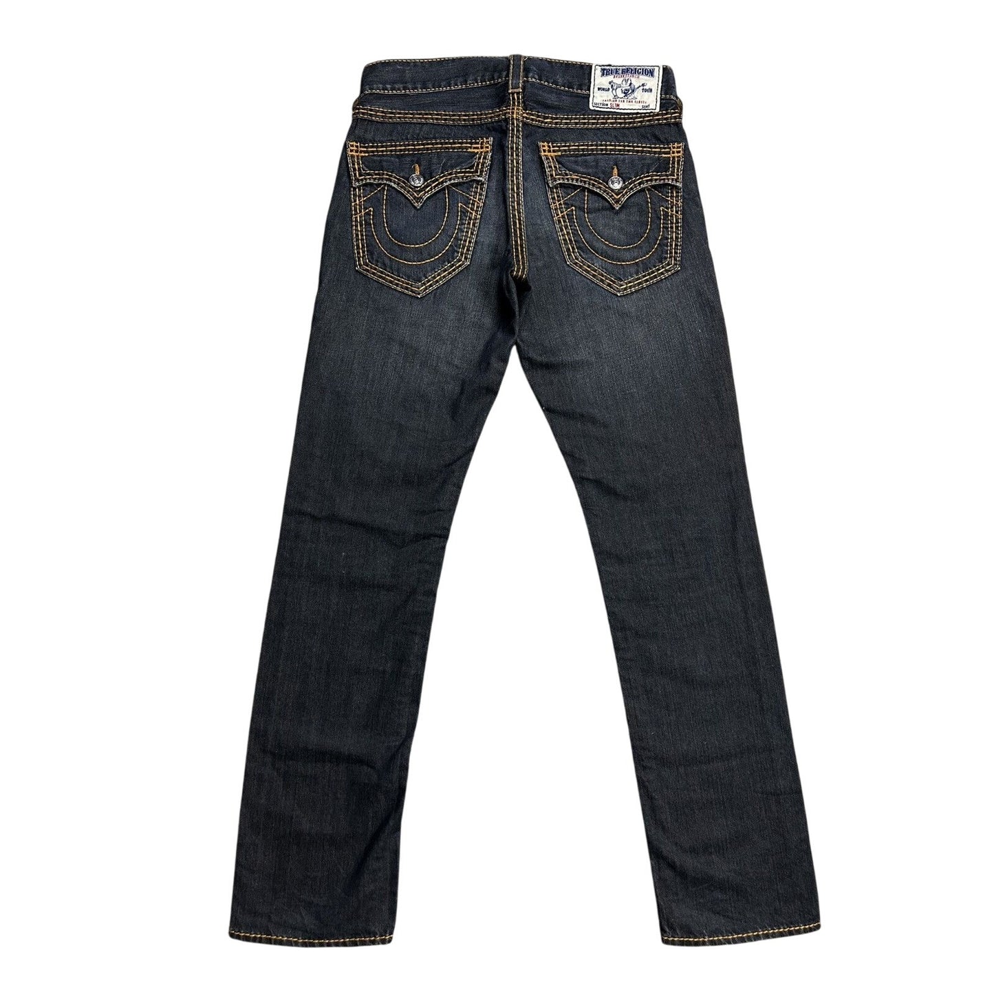 True Religion dark navy jeans orange thick stitching Y2K