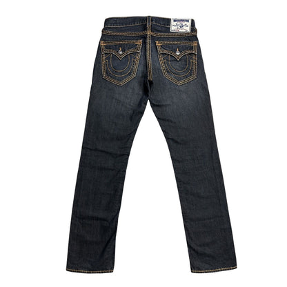 True Religion dark navy jeans orange thick stitching Y2K
