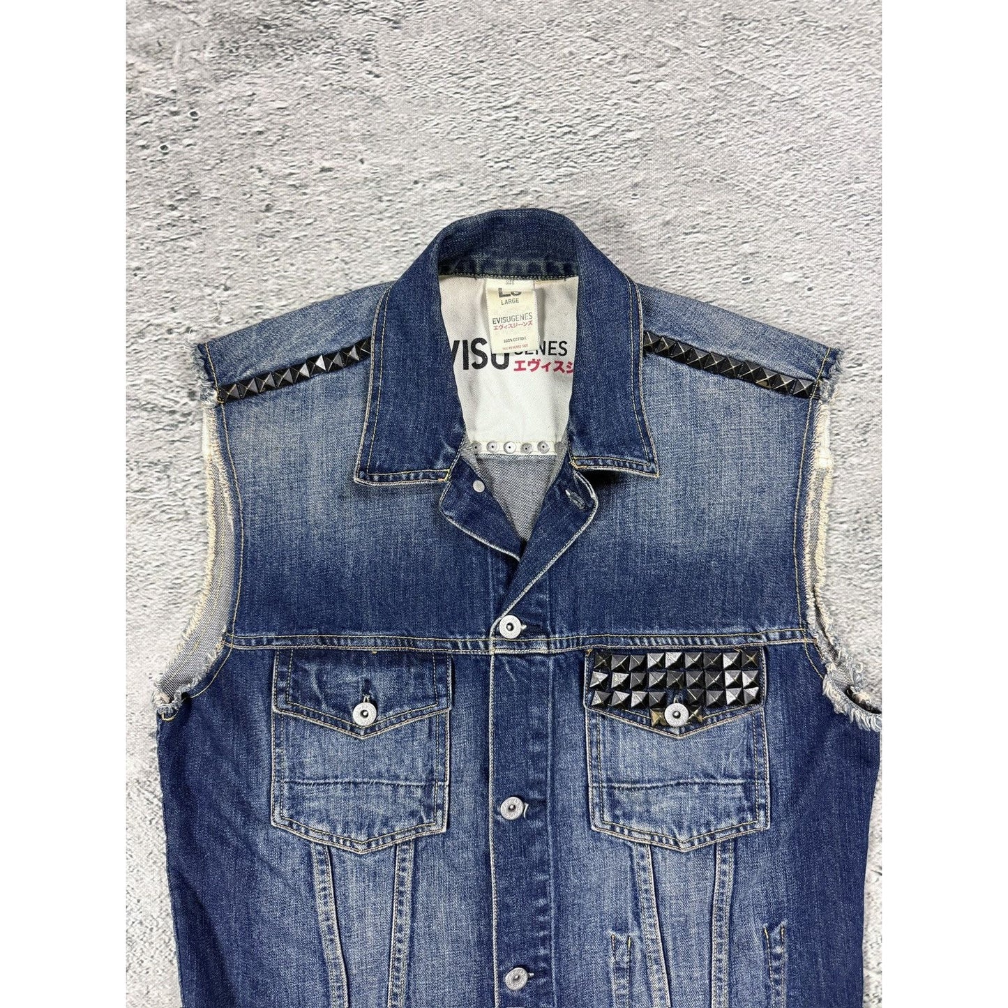 Evisu denim vest studded jacket blue
