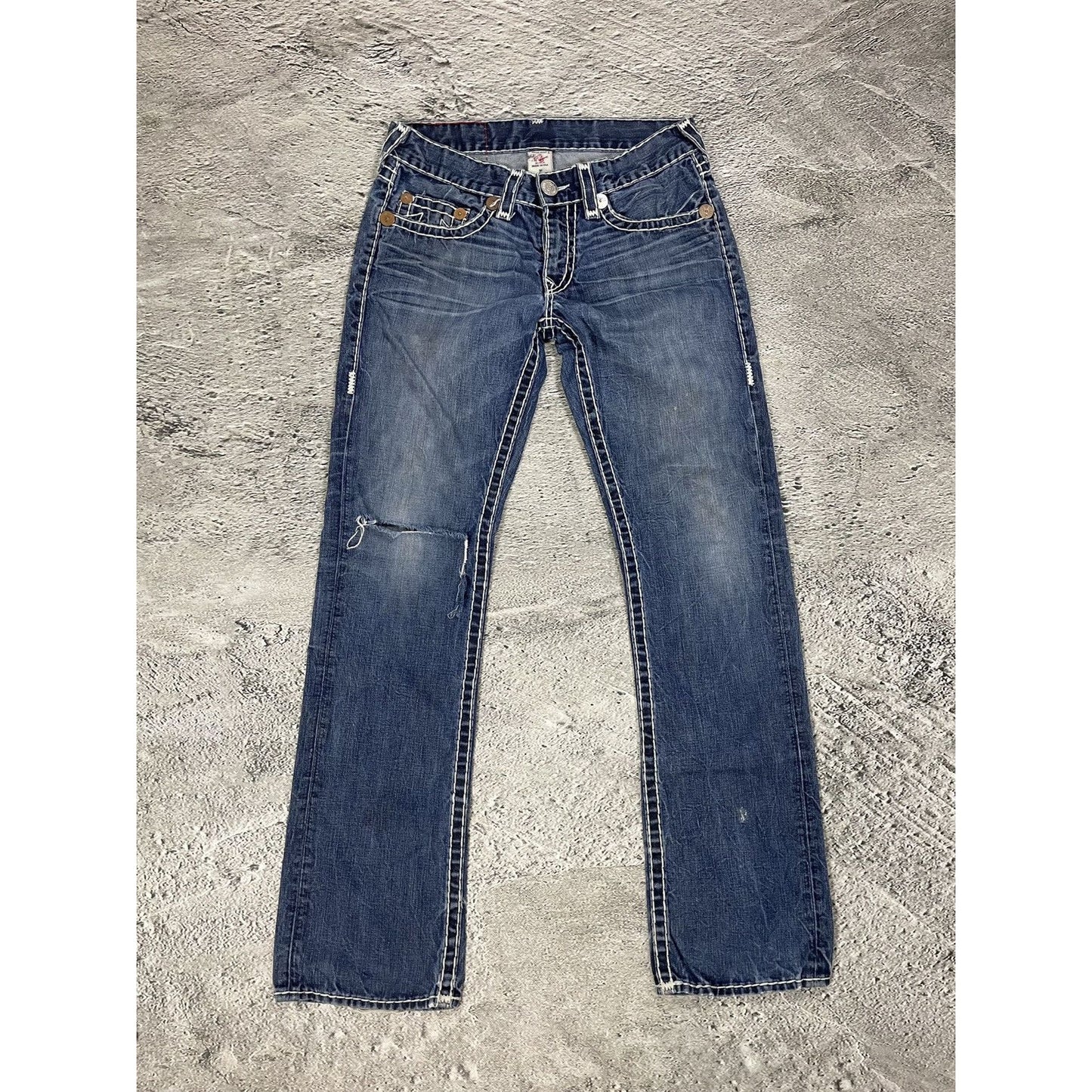 True Religion blue jeans white thick stitching Bobby