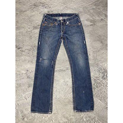 True Religion blue jeans white thick stitching Bobby
