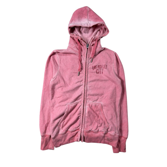 True Religion zip pink hoodie vintage LA rhinestones sherpa