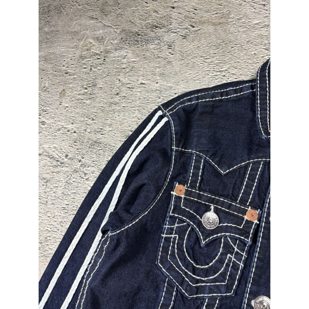 True Religion Raw denim jacket navy Blue white fat stithing