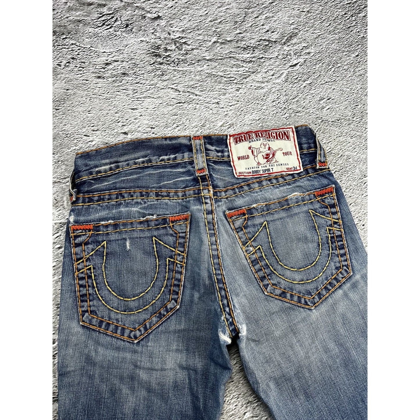 True Religion blue jeans multicolor thick stitching Y2K