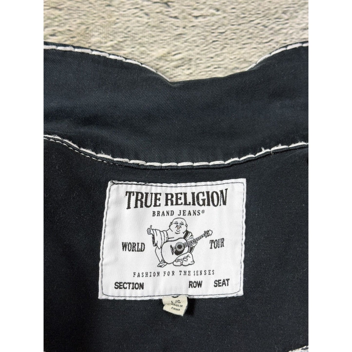 True Religion denim jacket black white fat stithing
