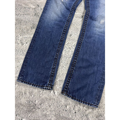 True Religion blue jeans white thick stitching Logan