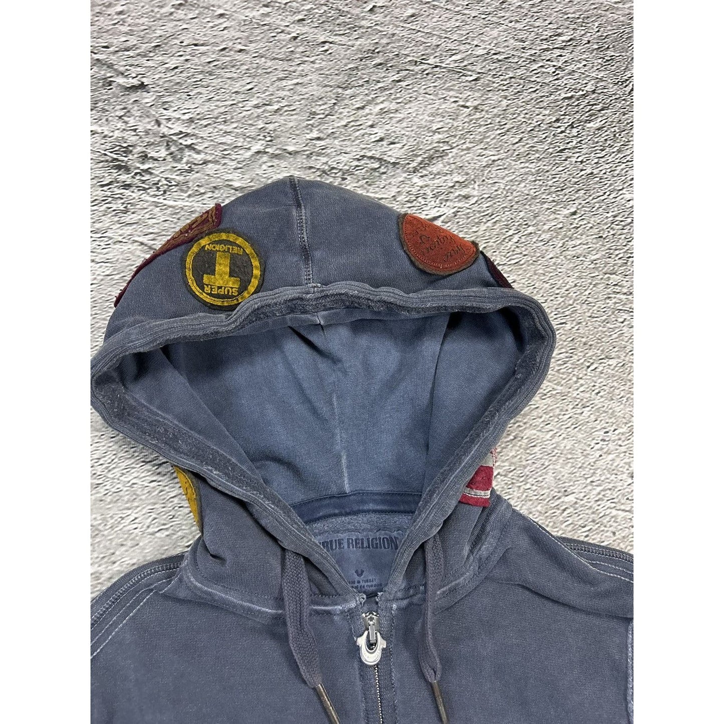 True Religion dark grey zip hoodie patchwork Y2K big logo