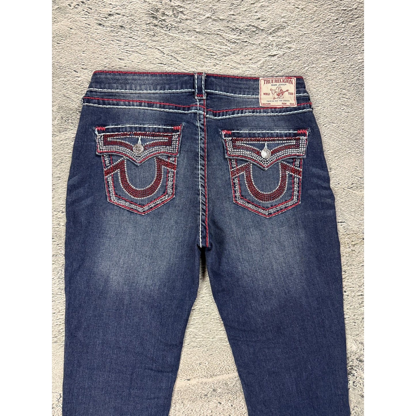 True Religion jeans skinny rhinestones red white stitch