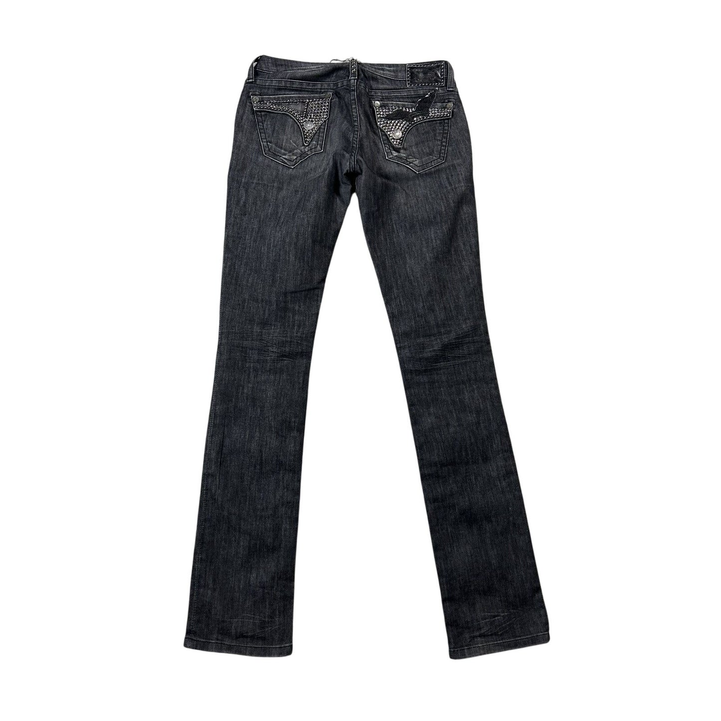 Robins jeans black rhinestones studded jeans flared Y2K