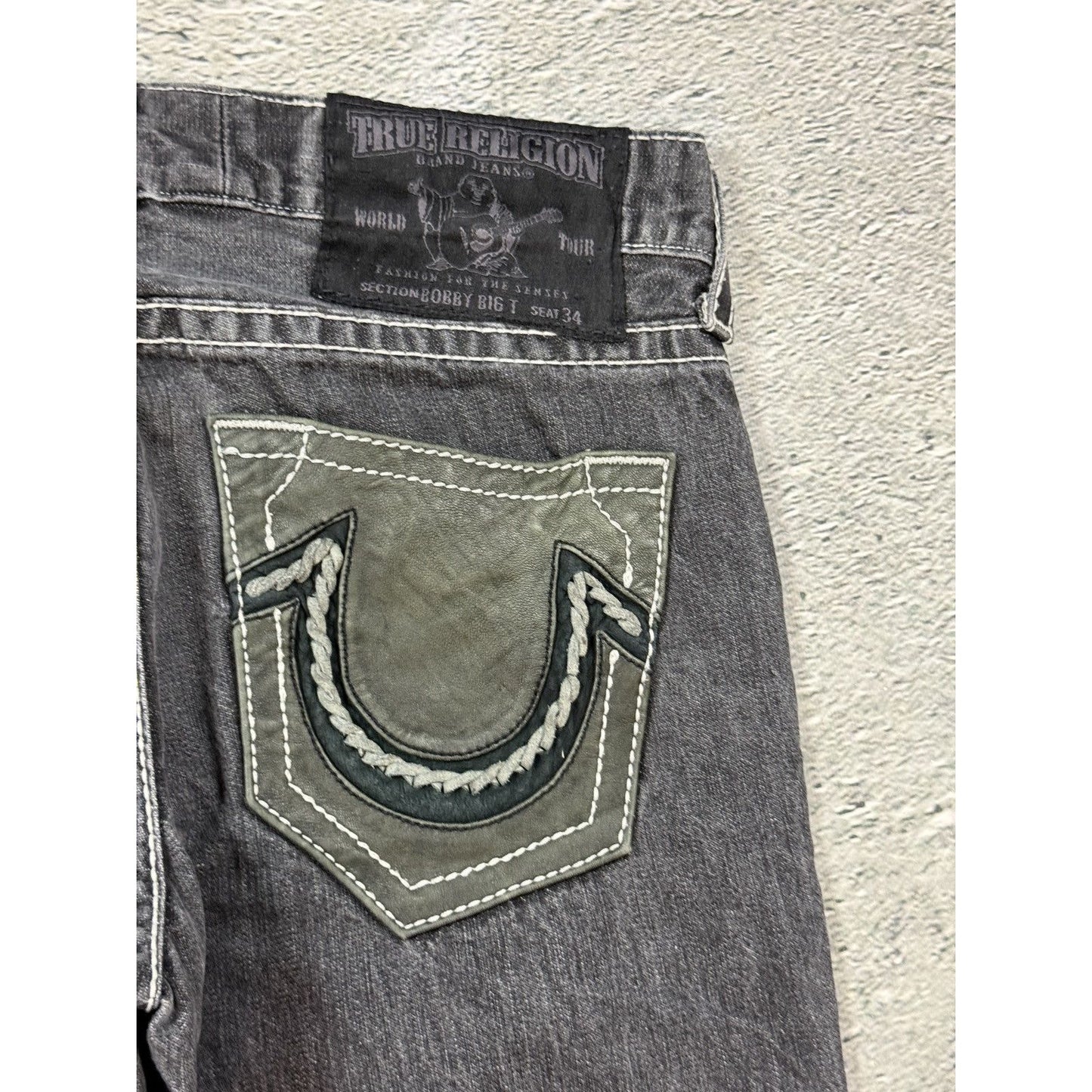 True Religion jeans grey black leather patch Bobby straight