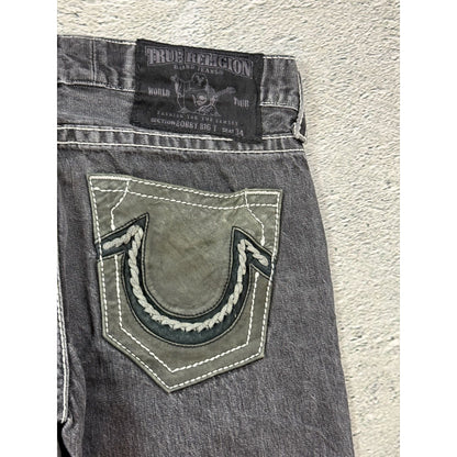 True Religion jeans grey black leather patch Bobby straight