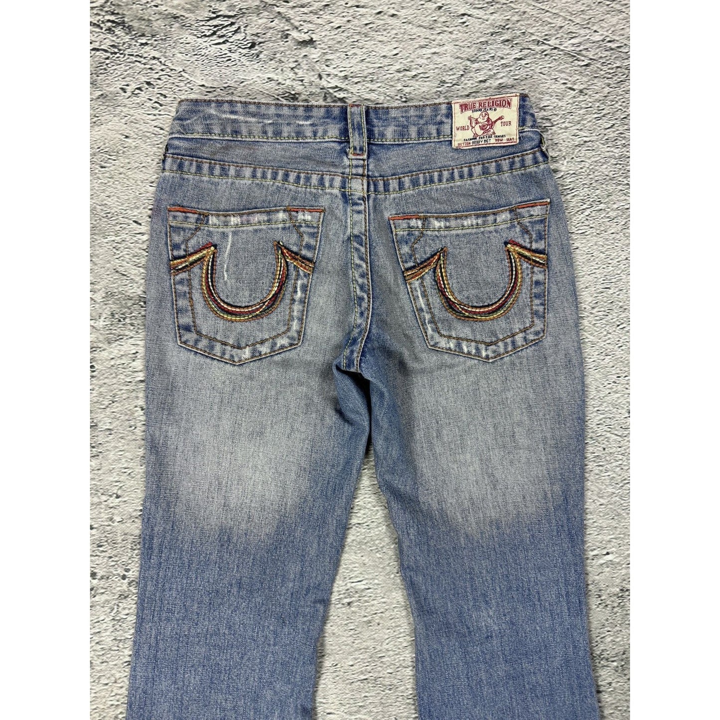 True Religion flared jeans blue white thick stitching Y2K