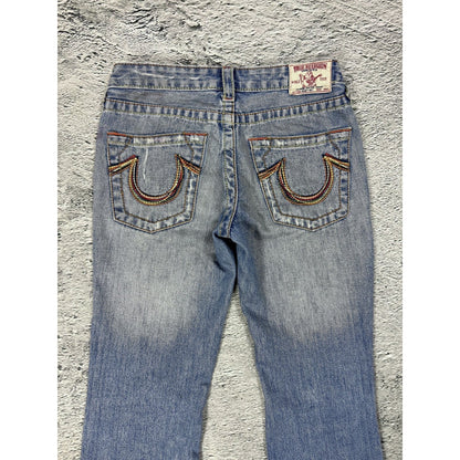 True Religion flared jeans blue white thick stitching Y2K