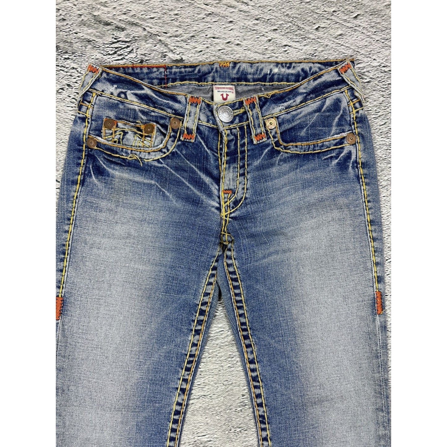 True Religion Vintage Bootcut Johnny Blue Gold Stitching