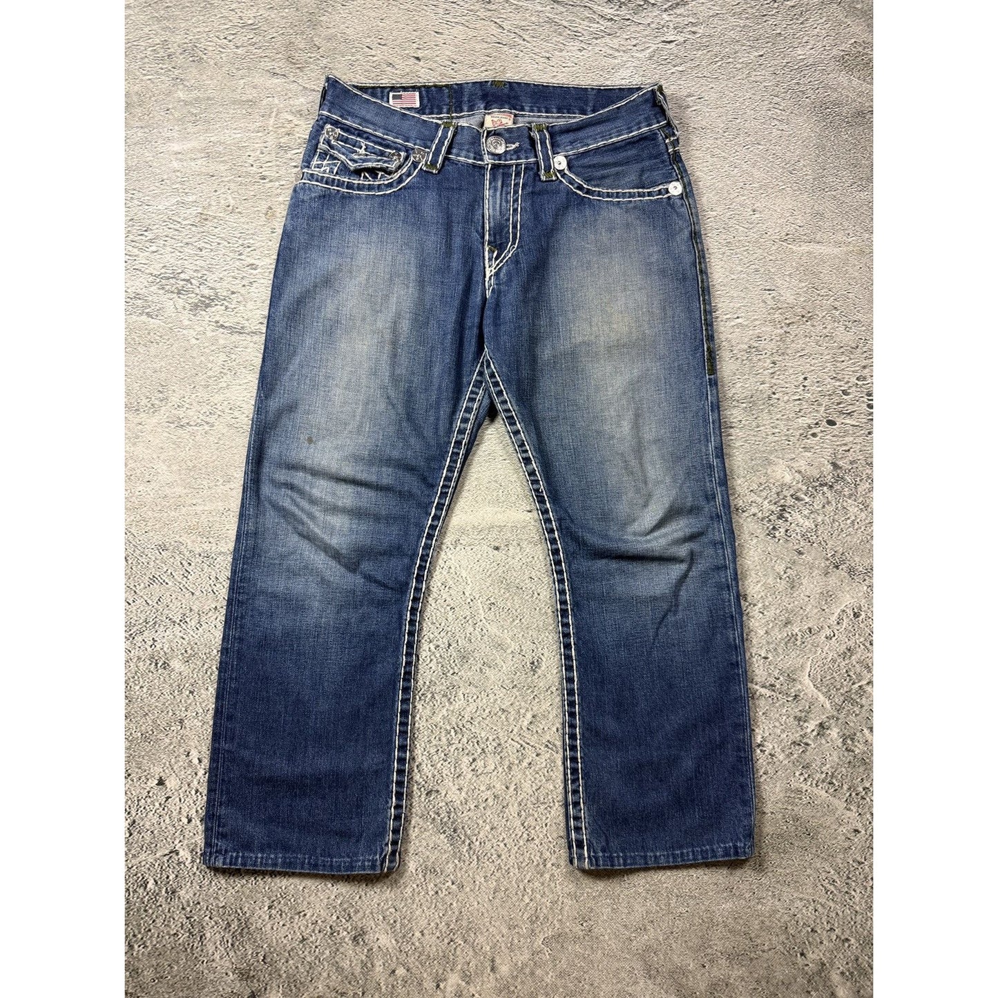 True Religion Green tab ricky Blue jeans white stitching