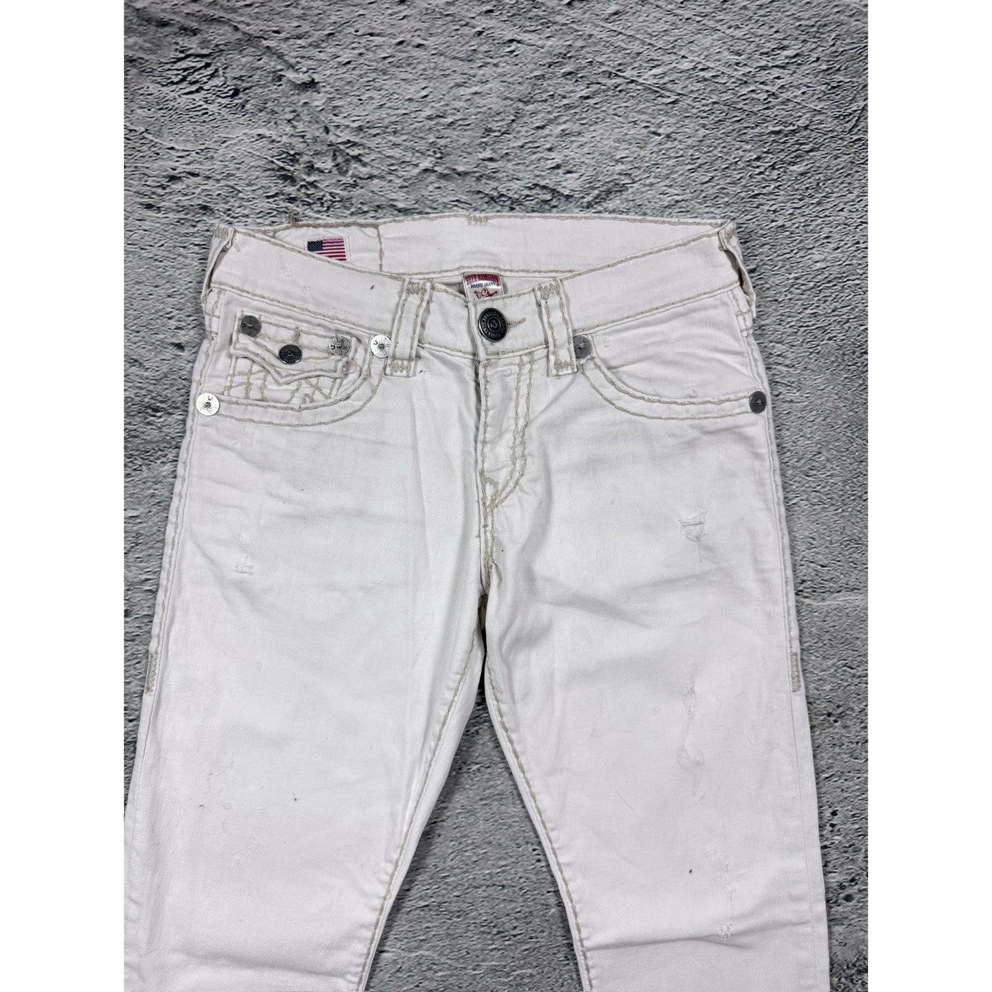True Religion white jeans beige stitching Ricky Super T