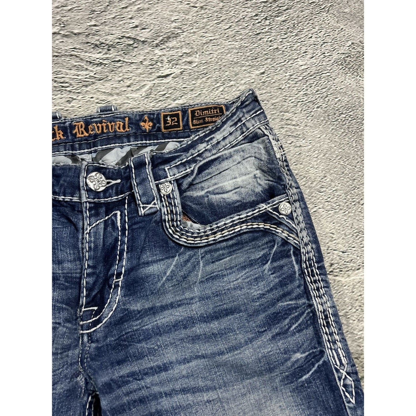 Rock Revival vintage jeans blue white stitching Y2K