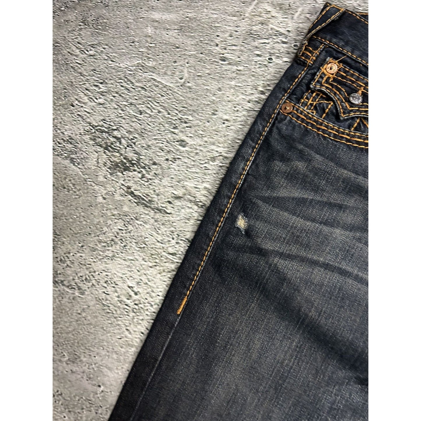 True Religion dark navy jeans orange thick stitching Y2K