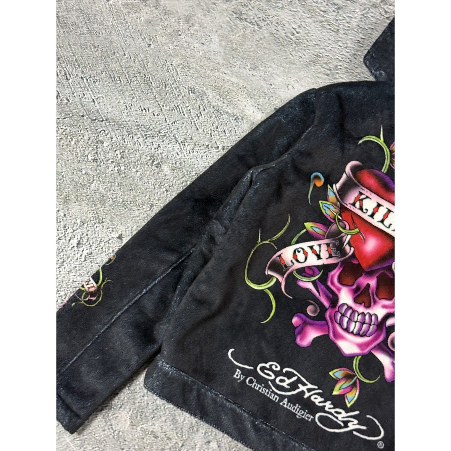 Ed Hardy zip hoodie black red vintage Y2K faux fur
