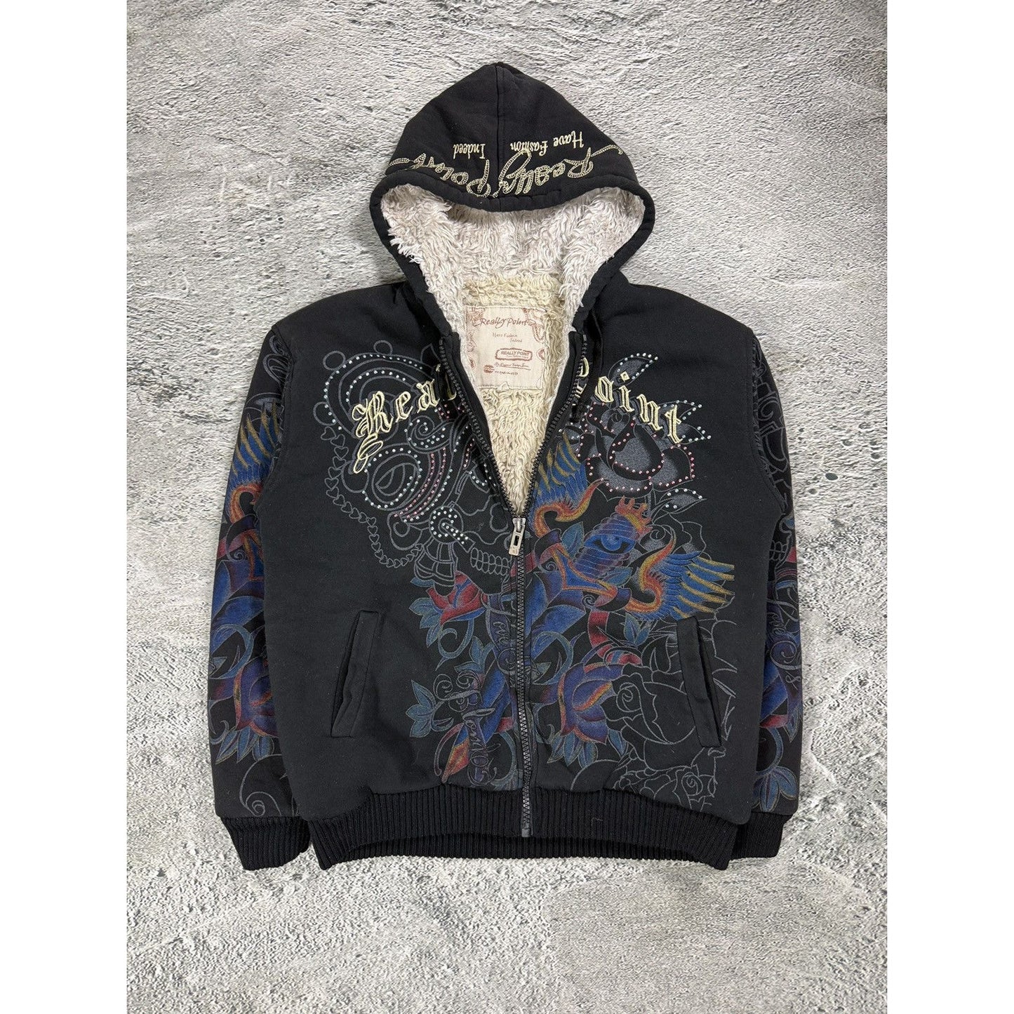 Really Point Y2K vintage zip hoodie black fur Ed Hardy