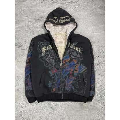 Really Point Y2K vintage zip hoodie black fur Ed Hardy