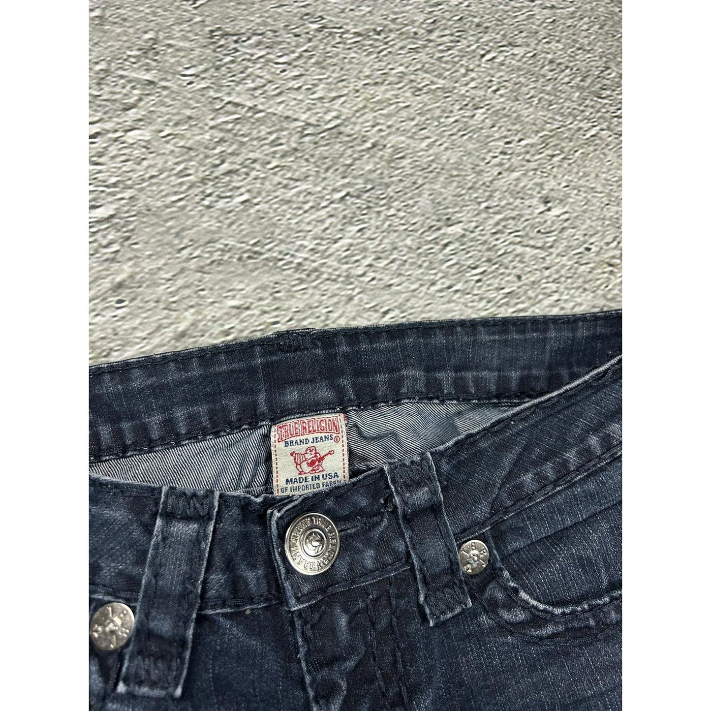 True Religion slim jeans navy black thick stitching Y2K