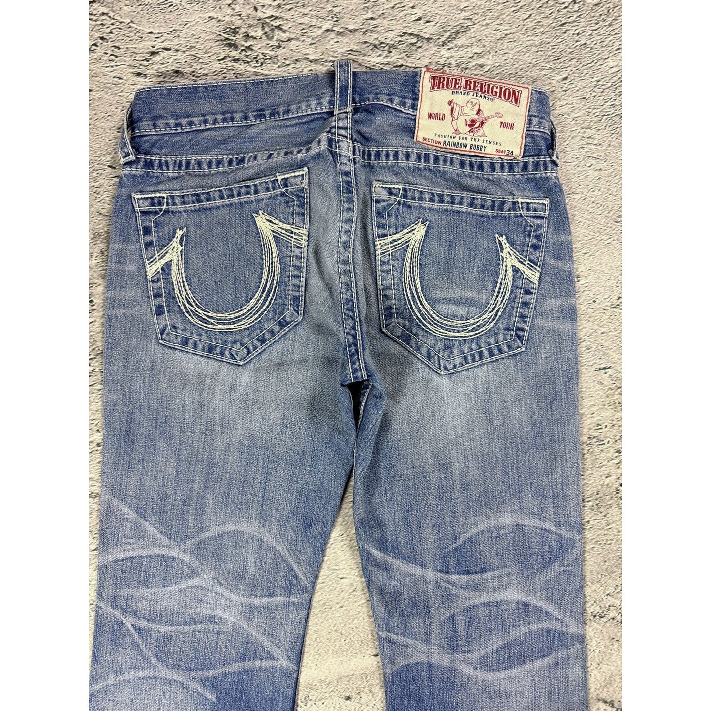 True Religion jeans Rainbow Bobby baby blue white stitch