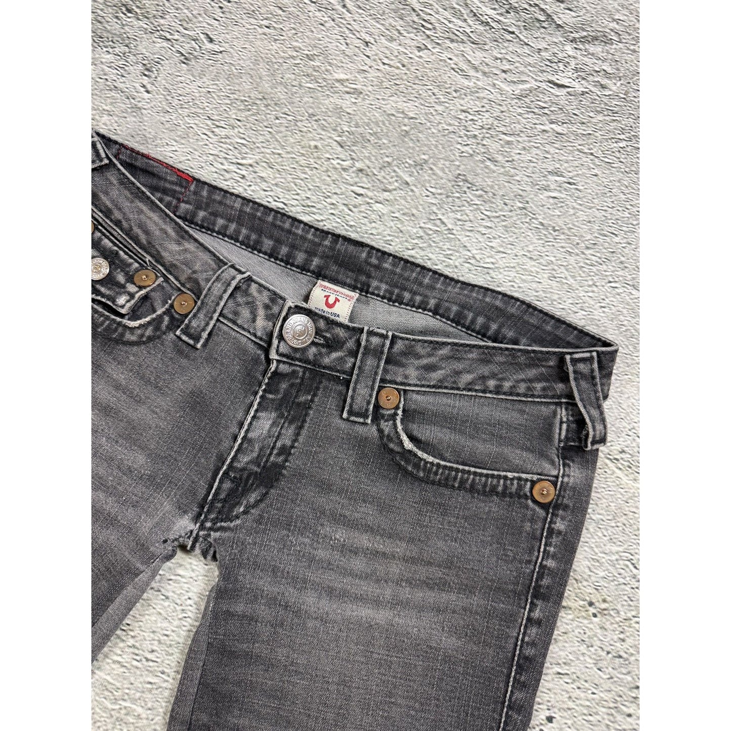 True Religion jeans grey black thick stitching flared Joey