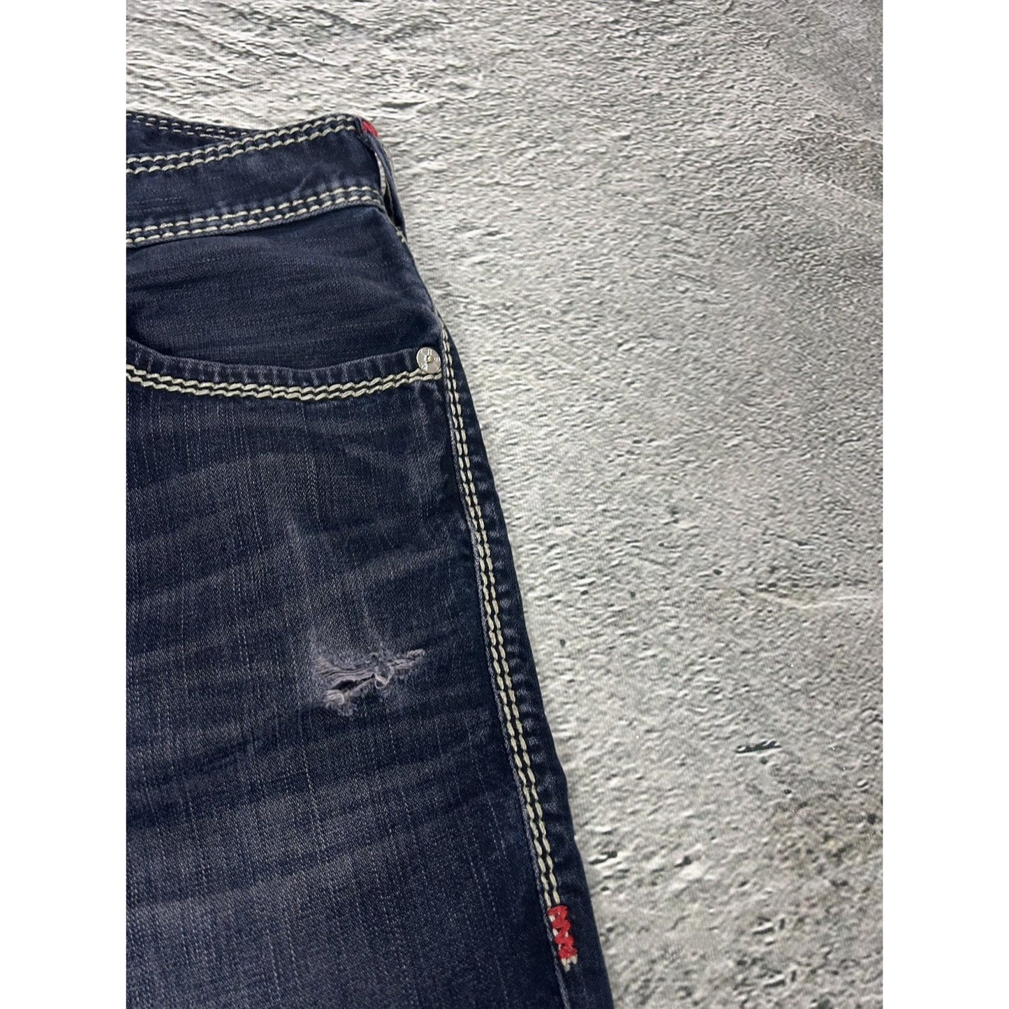 True Religion VAMP navy blue jeans red stitch contrast Y2K