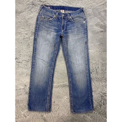 True Religion Blue jeans White Brown thick stitching Bobby