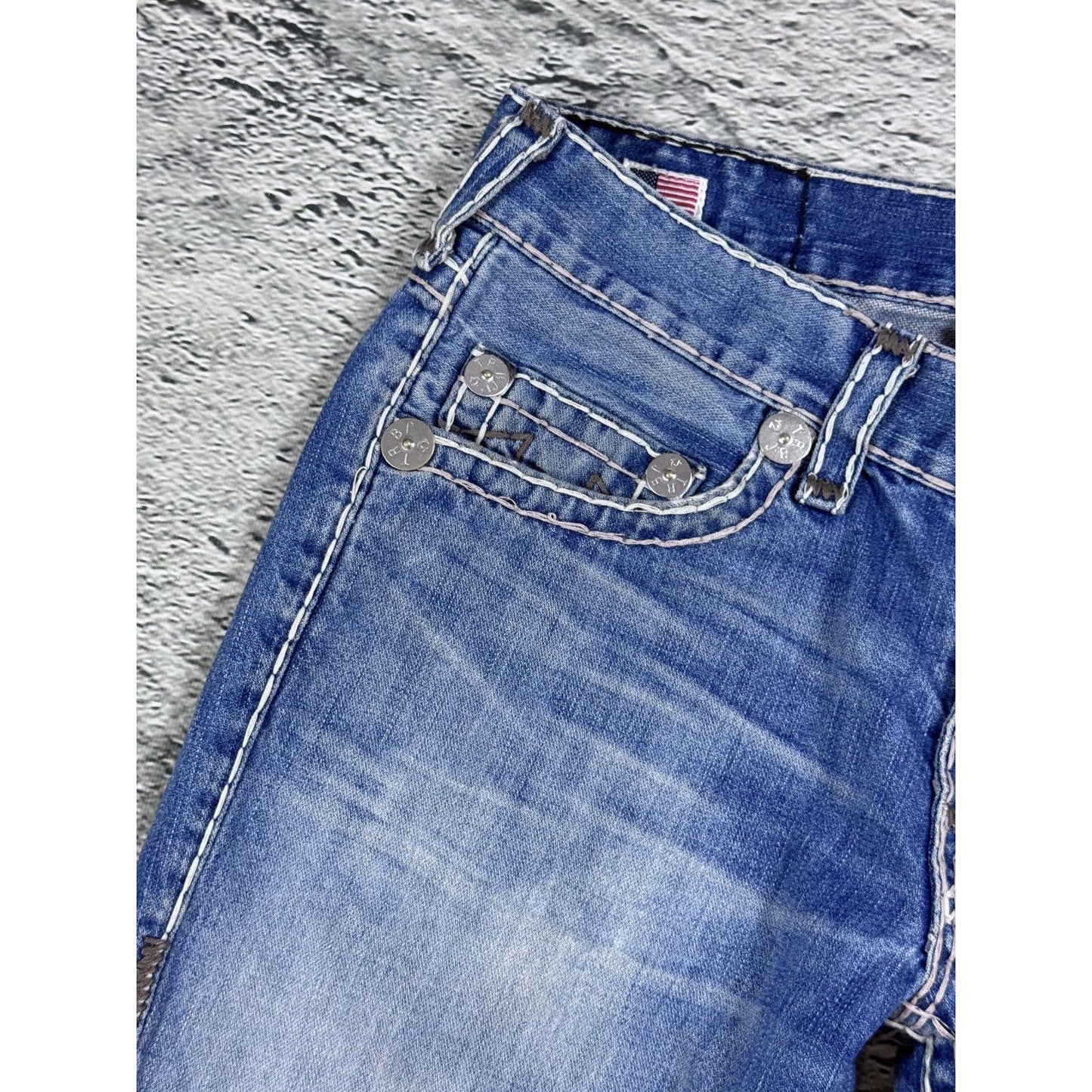 True Religion Blue jeans White Brown thick stitching Bobby