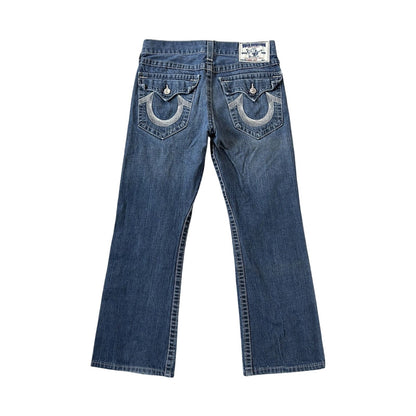 True Religion baby blue jeans white stitching Y2K bootcut