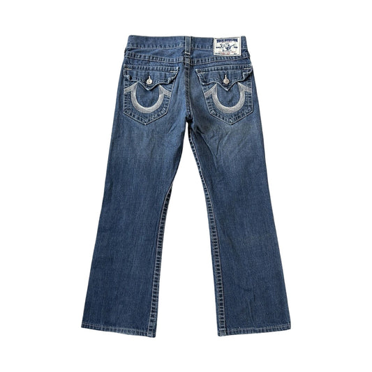 True Religion baby blue jeans white stitching Y2K bootcut