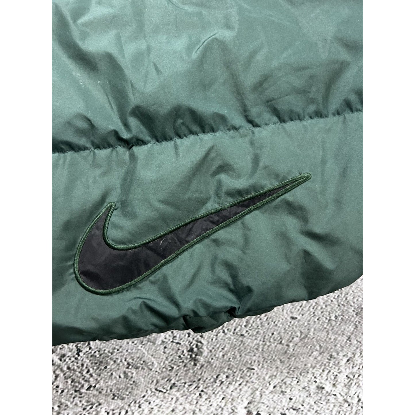 Nike puffer jacket green vintage big swoosh Y2K