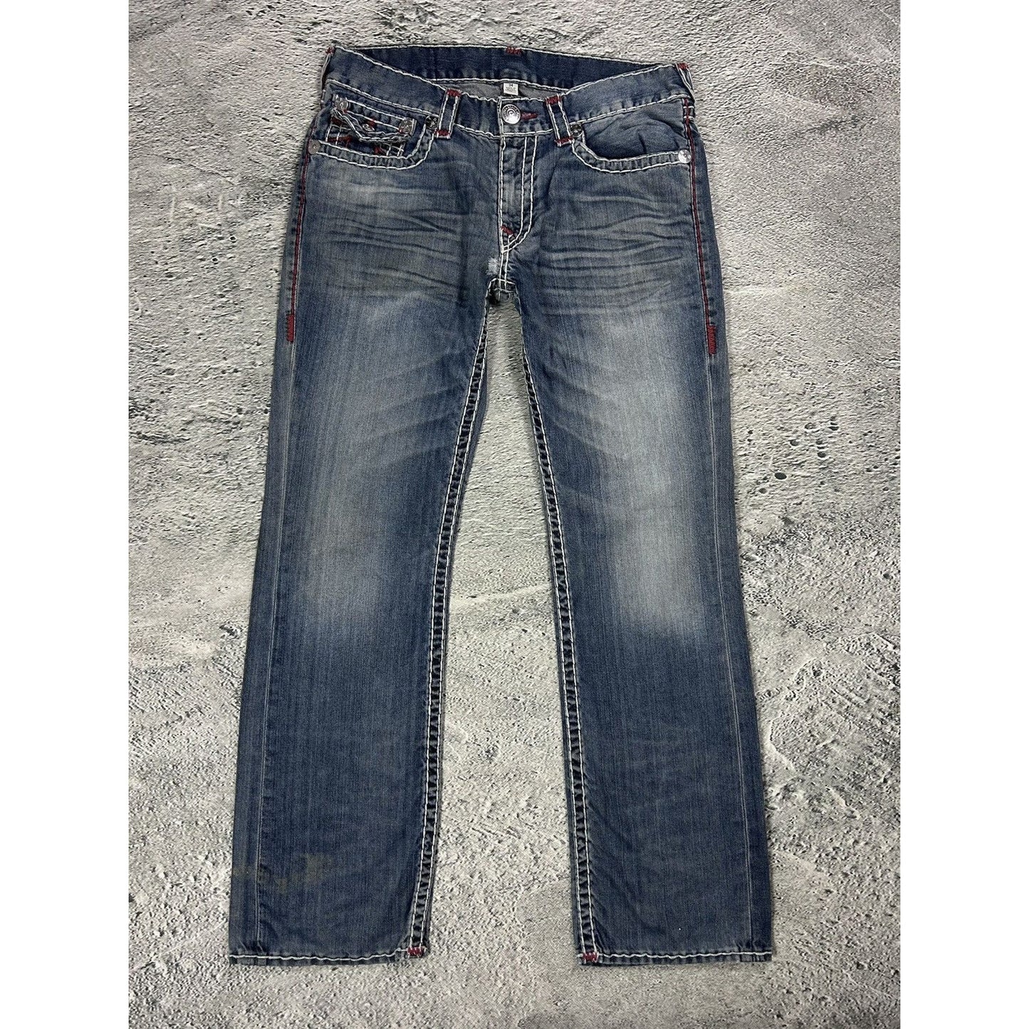 True Religion blue jeans white red thick stitching straight