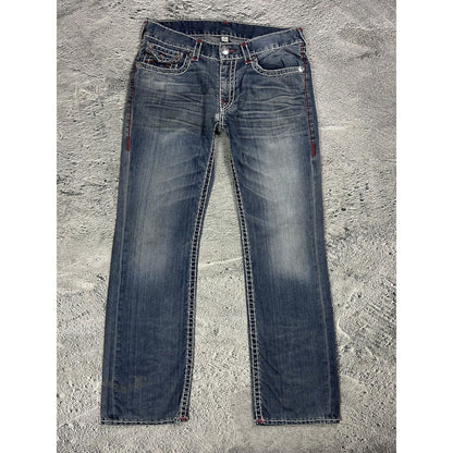 True Religion blue jeans white red thick stitching straight