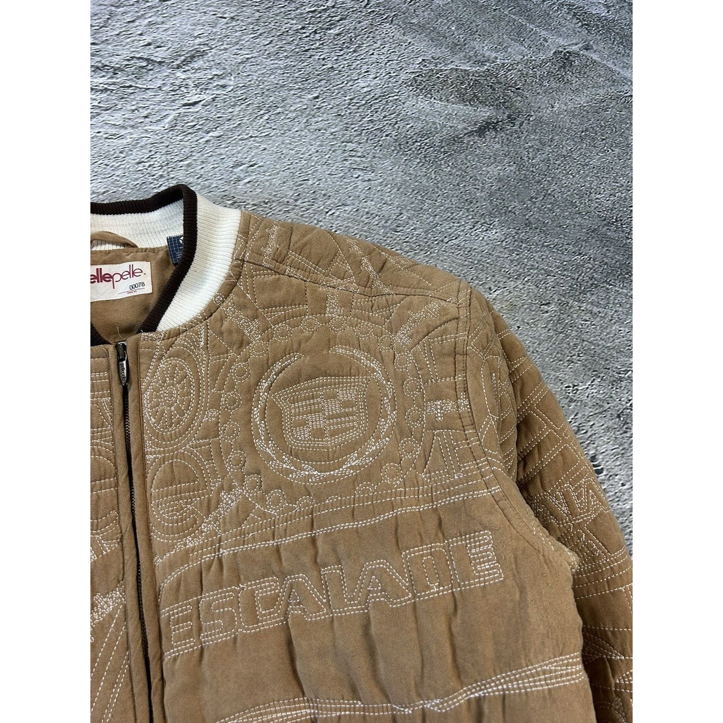 Pelle Pelle jacket big logo 90s brown bomber varsity quilted