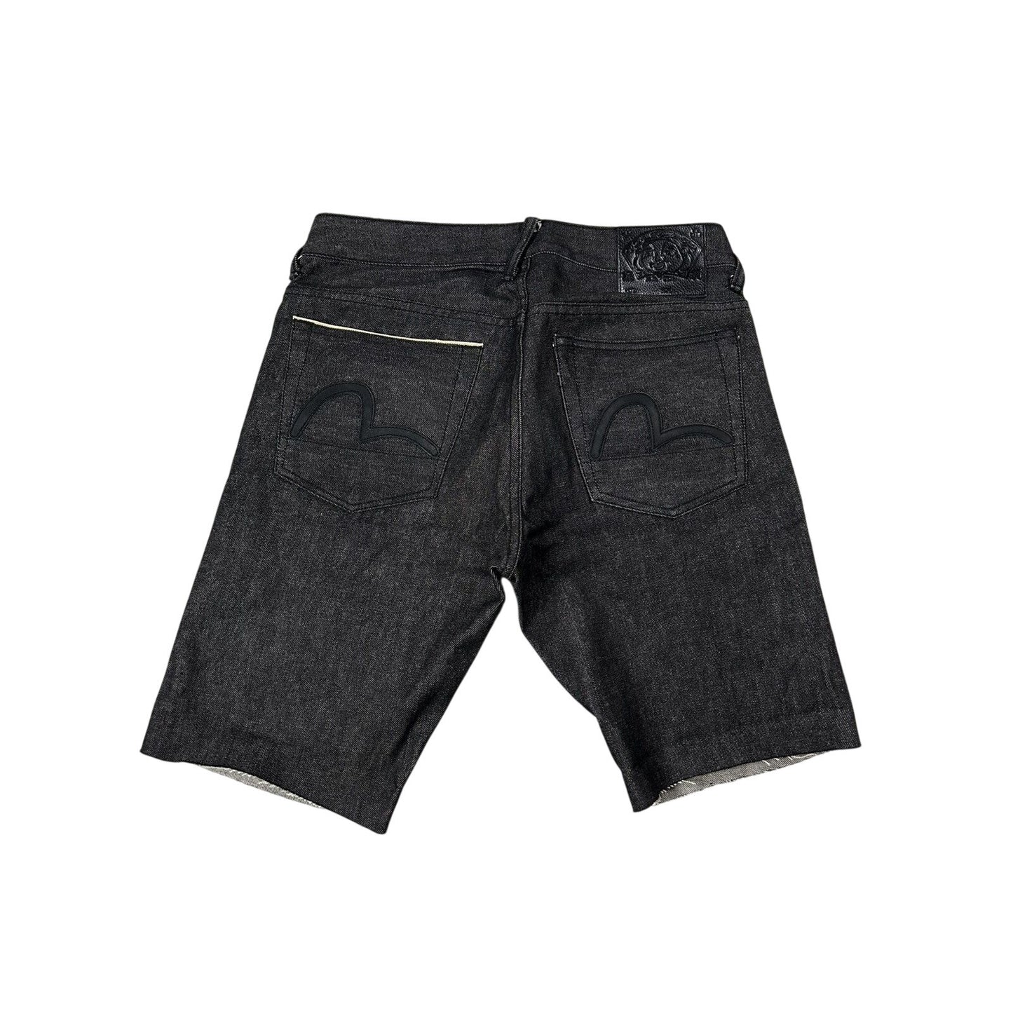 Evisu jorts black gray shorts raw denim leather seagulls