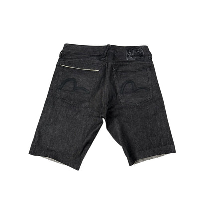 Evisu jorts black gray shorts raw denim leather seagulls