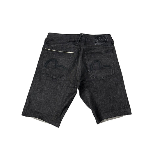 Evisu jorts black gray shorts raw denim leather seagulls