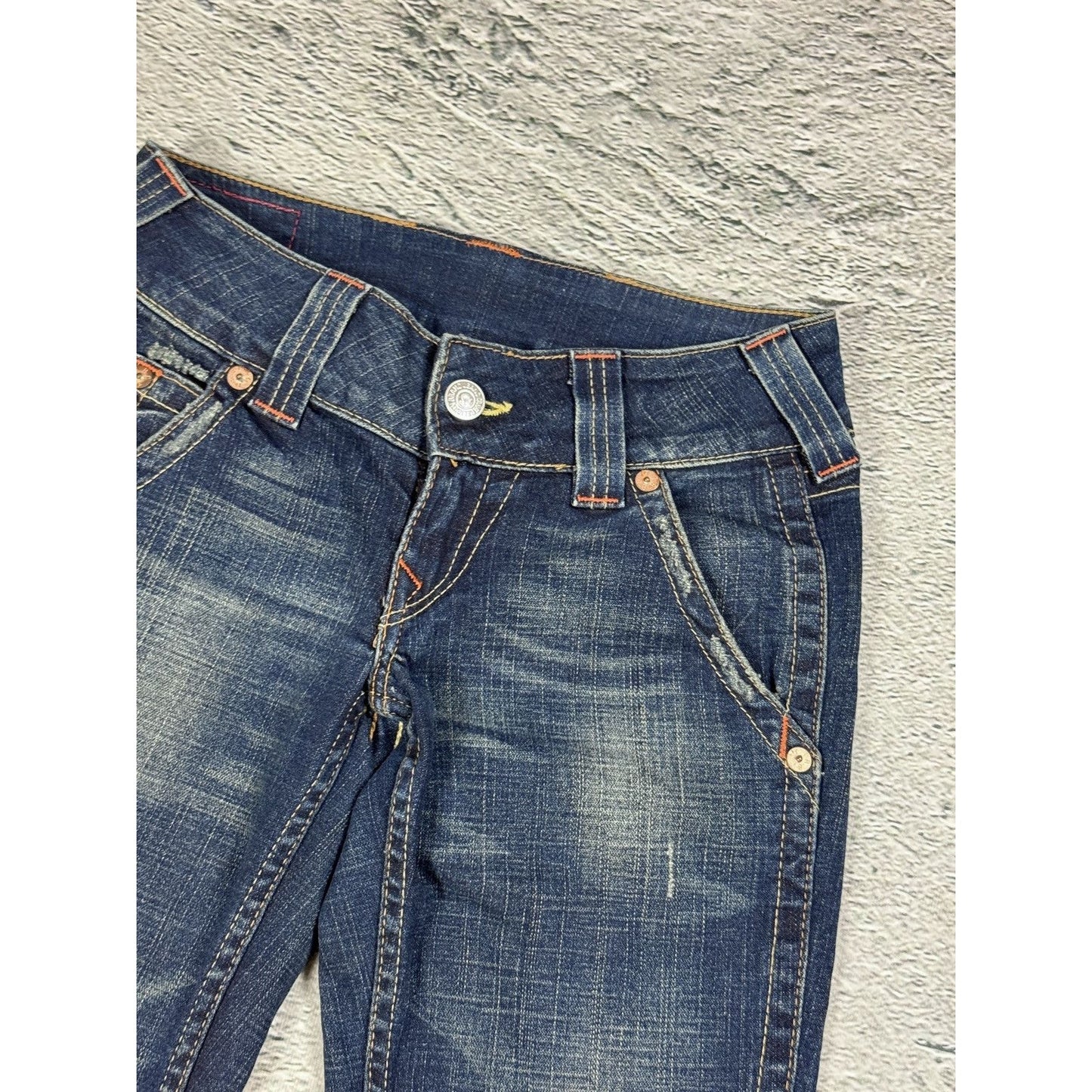 True Religion jeans flared navy contrast stitch Y2K Emma