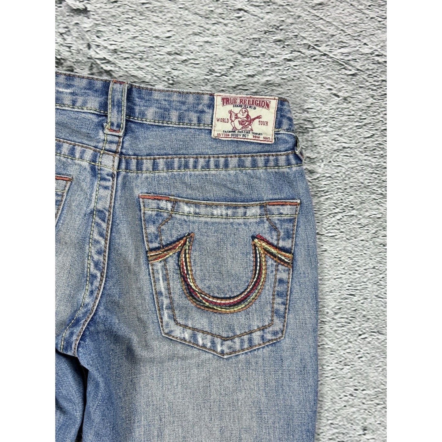 True Religion flared jeans blue white thick stitching Y2K